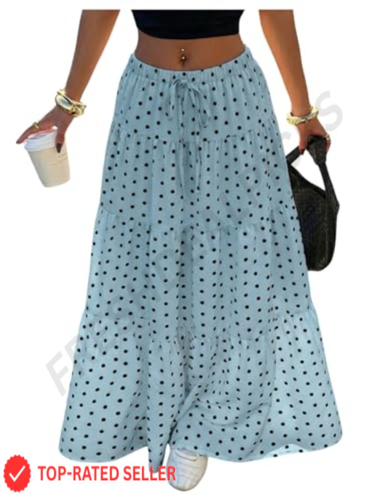 Polka Dots Flowy Maxi Skirt Y2k Drawstring Waist Tiered Ruffle A-Line